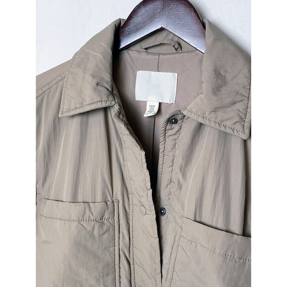 XS‎ H&M Beige Insulated Quilted Long Jacket Padded Coat Shirt Button Collared - Picture 2 of 5